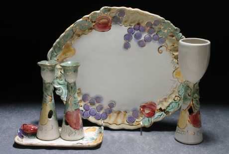 Shabbat ware set: Challah Tary, Kiddush Cup, Shabbat candlesticks with matching drip tray.